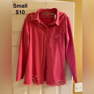 Pink Distressed Button-Up Shirt